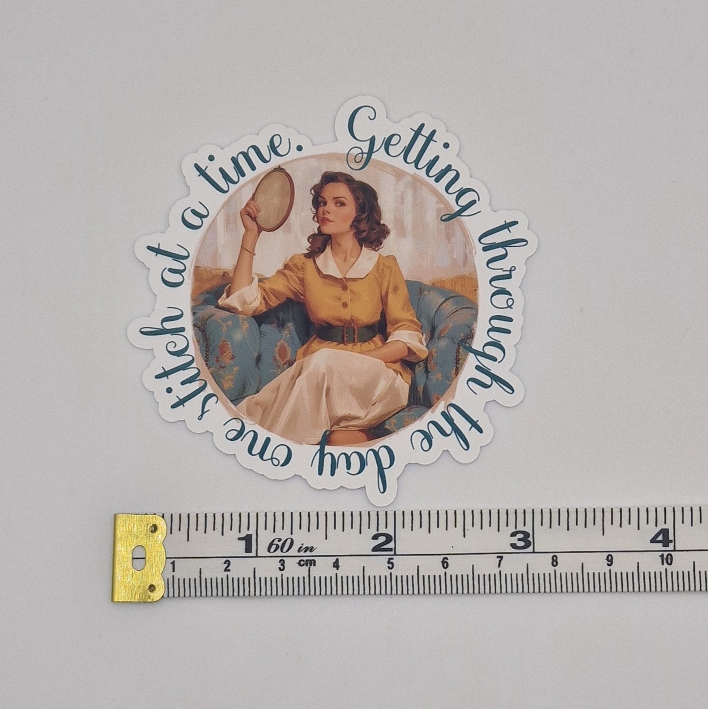Sticker | Getting through the day one stitch at a time |  Cross Stitch Sticker
