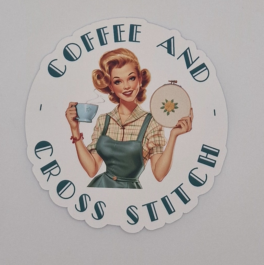 Sticker | Coffee and Cross Stitch |  Cross Stitch Sticker