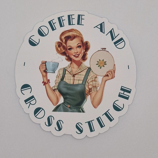 Sticker | Coffee and Cross Stitch |  Cross Stitch Sticker