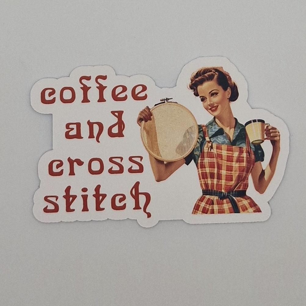 Sticker | Coffee and Cross Stitch |  Cross Stitch Sticker