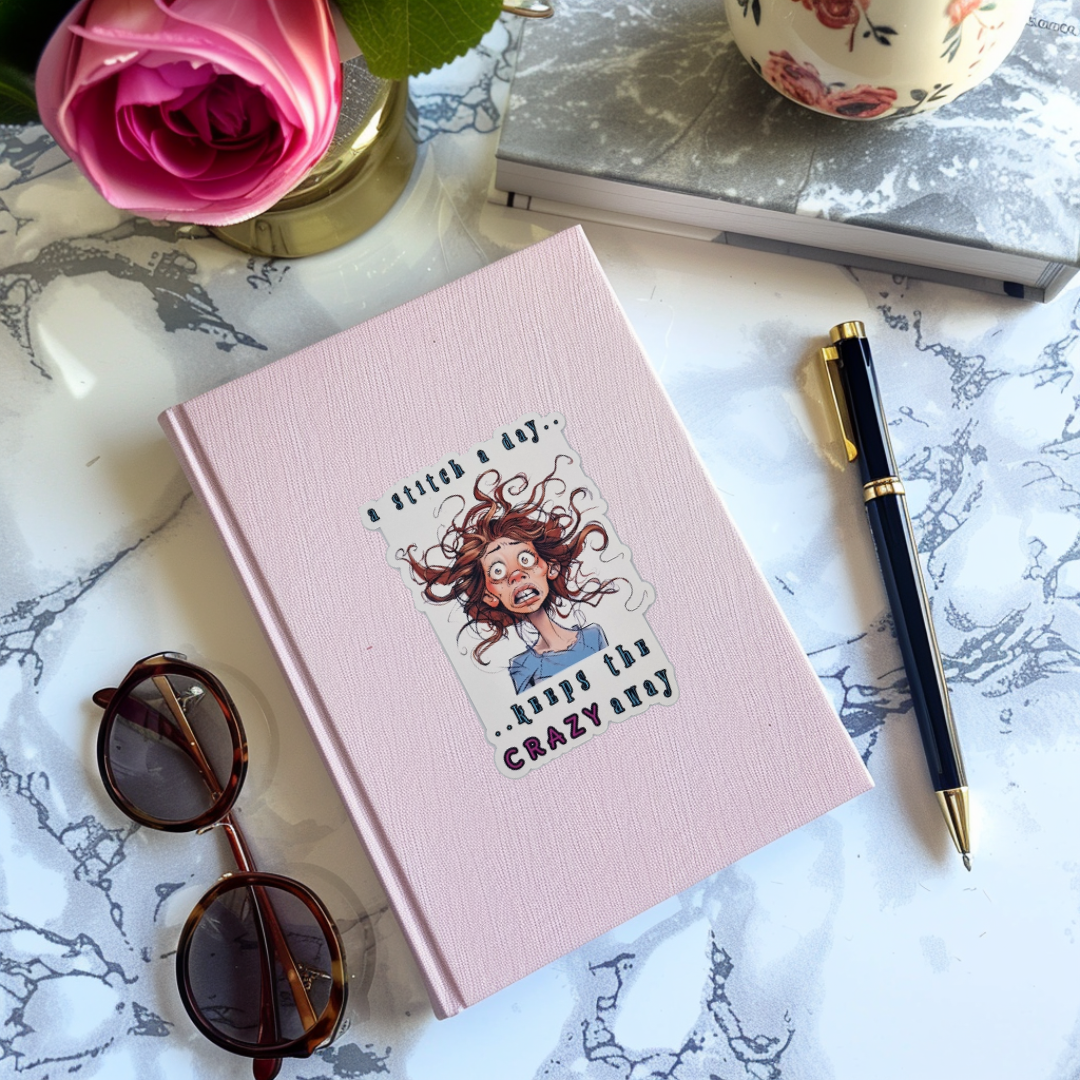 Sticker | A cross stitch a day keeps the crazy away | A cross stitch a day keeps the crazy away Sticker | Cross Stitch Sticker